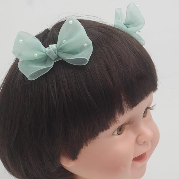 Nihao Baby Pearl Light Green Bow Hair Clips for Little Girl - 2Pcs