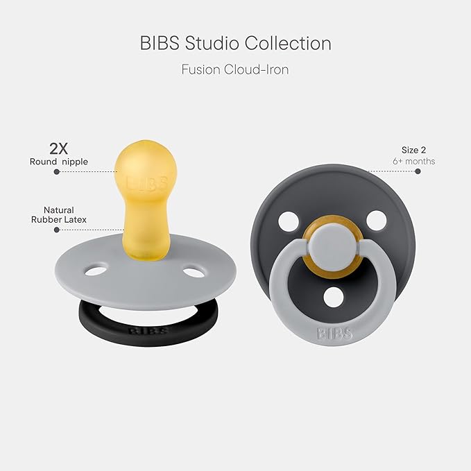 BIBS Colour Studio Pacifier 2-Pack, BPA Free, Round Nipple. Natural Rubber Latex, Made in Denmark, Size 2 (6-18 Months) - Cloud/Iron