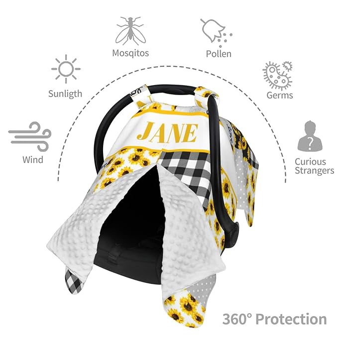 Personalized Baby Car Seat Canopy for Babies, Custom Name Car Seat Covers for Boys and Girls, Opening Minky Nursing Breastfeeding Cover for Infant, Carseat Canopies for Newborn (Elephant Sunflower)