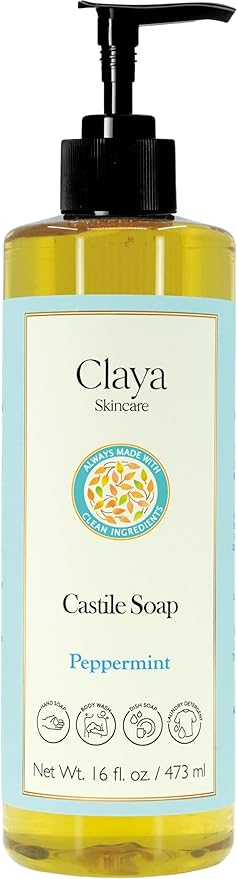 Claya Liquid Castile Soap – Organic Ingredients, Biodegradable, Gentle for Sensitive Skin and Versatile Use (16 fl oz (Pump Cap), Peppermint)