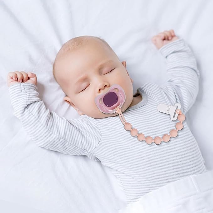 4 Pcs Pink Baby Silicone Teething Pacifier Clip,One-piece Design,Round Shape,Textured Surface,BPA Free.
