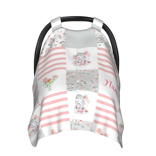 Personalized Floral Elephant Baby Car Seat Canopy for Babies with Name, Custom Patchwork Design Car Seat Covers for Girls, Peekaboo Opening Minky Nursing Cover Infant Car Seat Canopies for Newborn