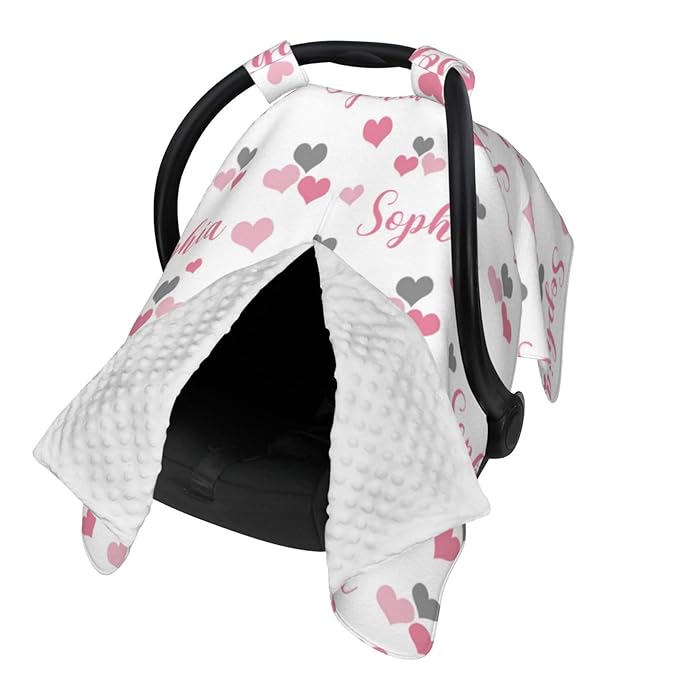 Personalized Baby Car Seat Canopy with Name, Hearts Infant Carseat Canopy, Nursing Breastfeeding Stroller Cover for Newborn Girls