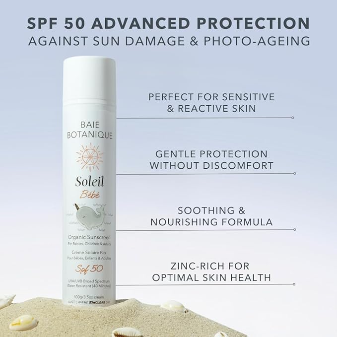 Baie Botanique Soleil Bébé - Organic Non-Toxic Mineral Baby Sunscreen SPF 50 - Sunflower & Jojoba - Unscented - Natural - Vegan - No White Cast - Reef Safe - UVA/UVB - 100g