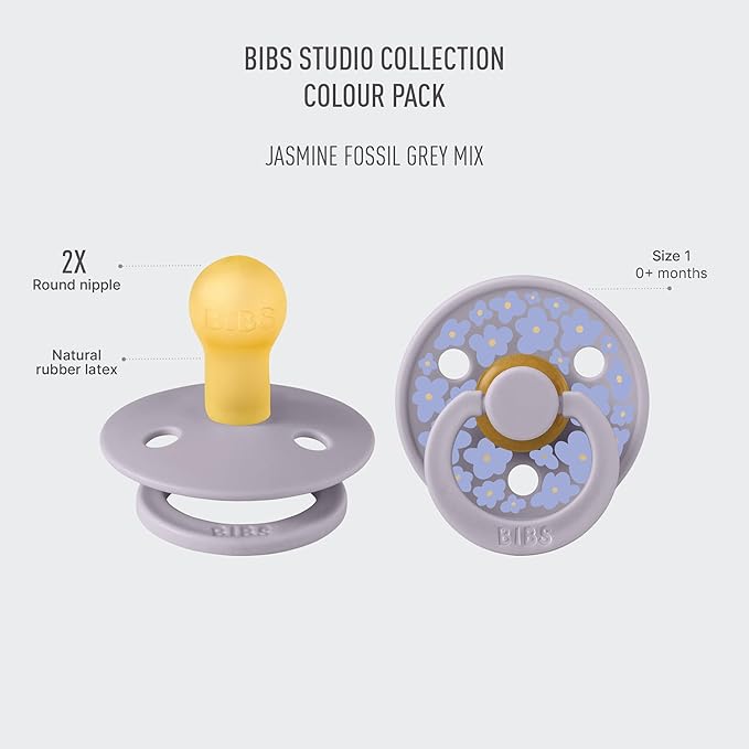 BIBS Pacifiers - Studio 2 Pack | Round Nipple Baby Pacifier | BPA Free Natural Rubber Latex Soother | Made in Denmark | Size 0+ Months | Jasmine Blush