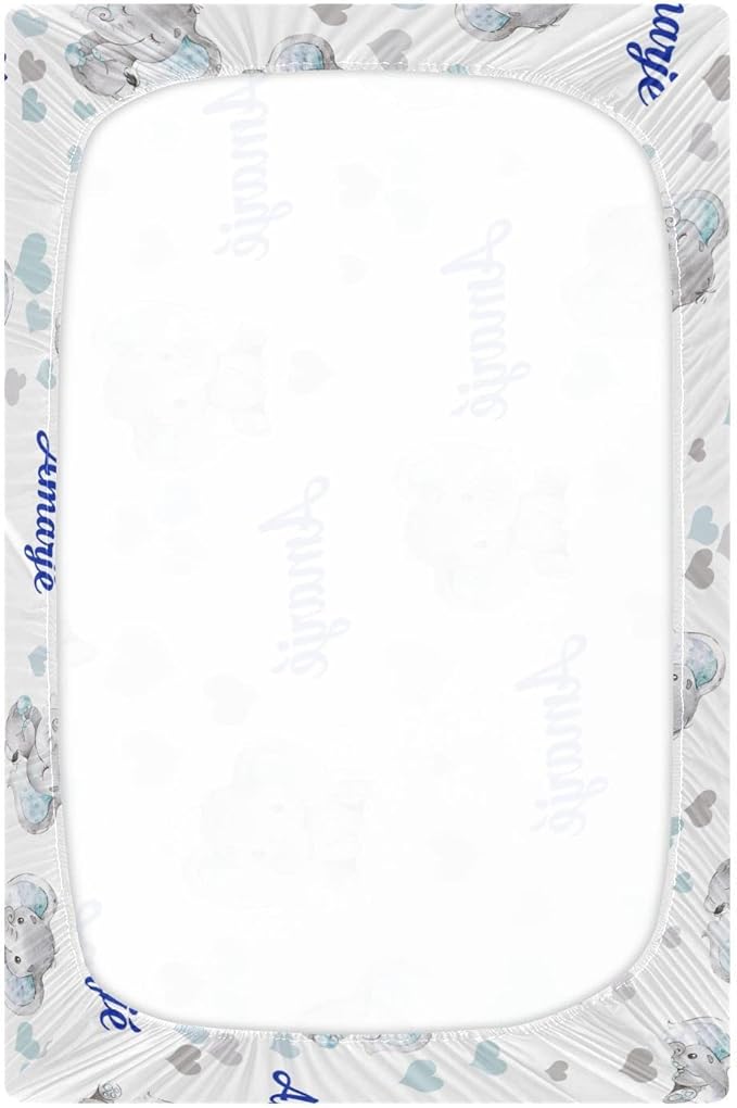 Personalized Pack 'n Play Sheets - Custom Baby Mini Crib Sheets for Boys, Soft & Breathable Elephant Blue Fitted Sheet