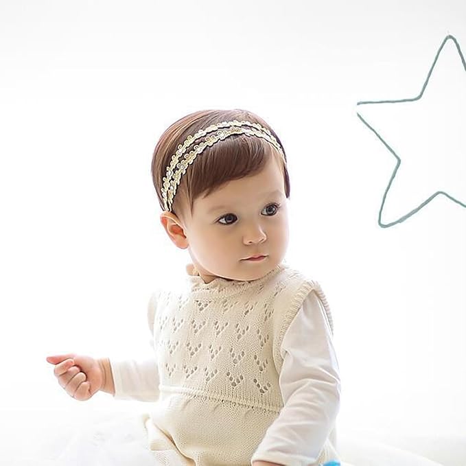 Baby Girls Flower Headbands Cute Kids Christening Headband Soft Lace Hairbands Floral Crown Newborn Infant Toddlers Hair Accessories for Birthday Party Photography(Gold Flower)