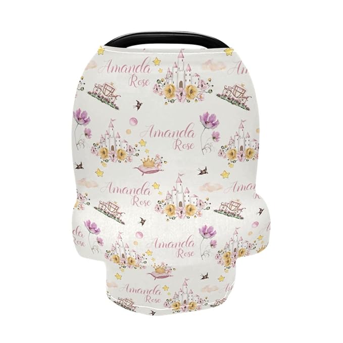 Personalized Baby Car Seat Cover for Girls, Custom Nursing Covers for Breastfeeding with Name, Princess Floral Infant Stroller Cover, Baby Carseat Canopy for Newborn, Multiuse Car Seat Canopies