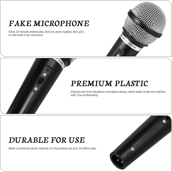 Toddmomy Realistic Kids Microphone Prop, 1:1 Scale Fake Microphone Toy for Pretend Play, Durable Plastic Fake Mic for Costume Party, Stage Performance, News Reporter Roleplay and Singing, Black