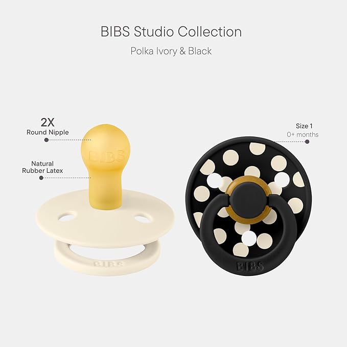 BIBS Polka Dots Pacifier 2-Pack, BPA Free Pacifiers with a Round Latex Nipple, Made in Scandinavia, Size 1 (0-6 Months), Ivory/Black
