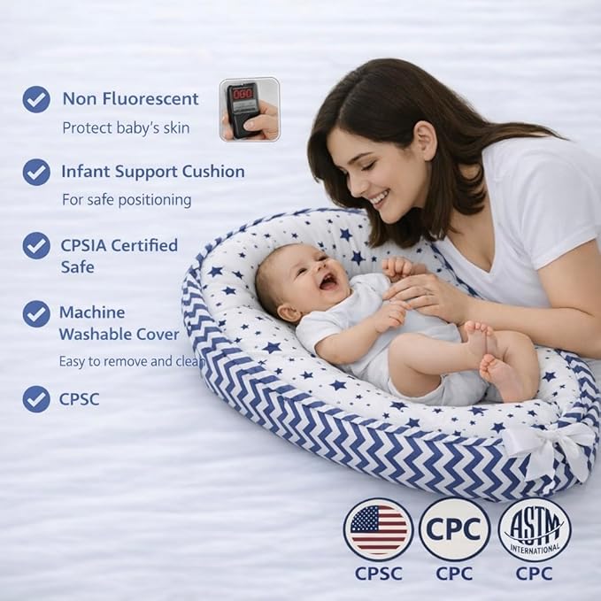 Aila+Aiden Baby Lounger | Organic Cotton Infant Lounger| Reversible, Adjustable & Portable Floor Lounger |Supervised Use | Soft, Breathable, Washable Cover - Star Collection (Blue)