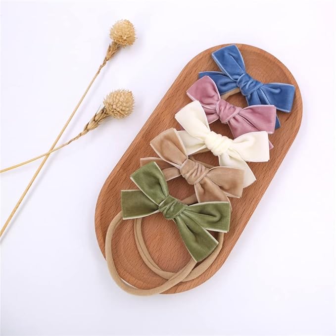 Sugarmelon Velvet Bow Soft Stretchy Headbands for Newborn Infant Toddlers Hair Bow Elastic Bands Baby Girls Nylon Hairband (3.2'' Ambrosia 24 PCS)