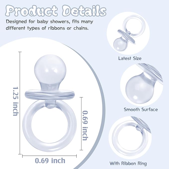 50 Pcs Mini Pacifiers Baby Shower Games, 1.25 Inch Cute Baby Shower Pacifiers, Bulk Acrylic Pacifier for Party Table Scatter, Pacifier Hunt Game, Gender Reveal Decoration Party Favors(Clear)