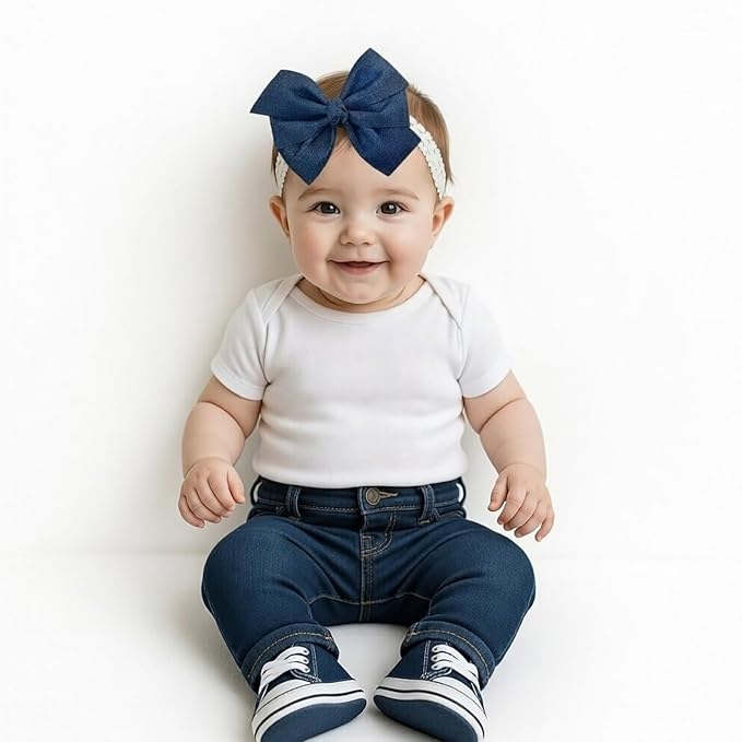 WEBB DIRECT2U Baby Girls 5" Denim Blue Jean Large Hair Bow White Stretch Headband