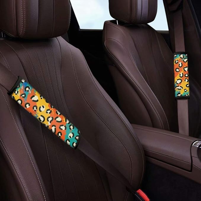 AFPANQZ Two Packs Leopard Car Seat Belt Pads Covers Harness Vehicle for Adults Kids 1 Pair/Set Safety Seatbelt Cushion Pad Cute Shoulder Straps Pads for Bags Yellow Blue
