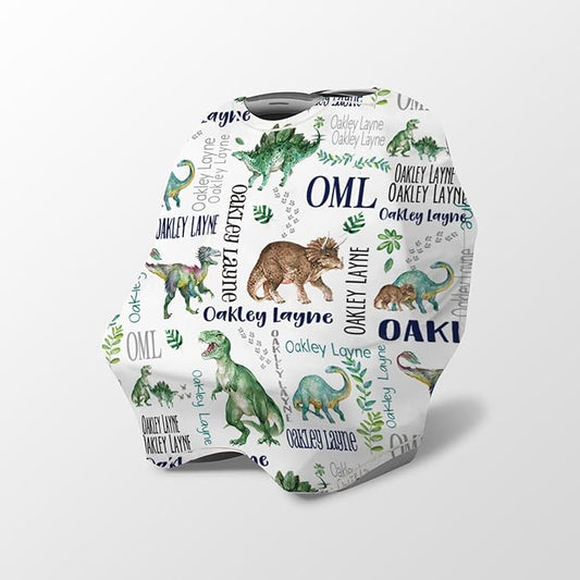 Personalized Baby Car Seat Cover Stroller Canopy: Custom Name Newborn Baby Boy Girl Elastic Animals Nursing Cover for Moms First Birthday Gift Green Dinosaur(one Size)