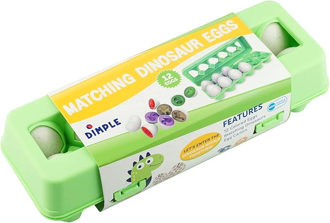 Dimple 12 Dinosaur Egg Matching Toy Play Eggs Easter w/ Holder - Toys for Toddlers STEM Colors & Shapes Recognition Kids Educational Color Sorting Eggs, Multicolored