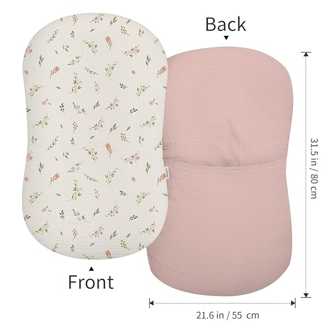 Muslin Baby Lounger Cover 2 Pack, Soft Breathable Newborn Lounger Pillow Cover for Boys Girls Infant (Flower F & Pink)