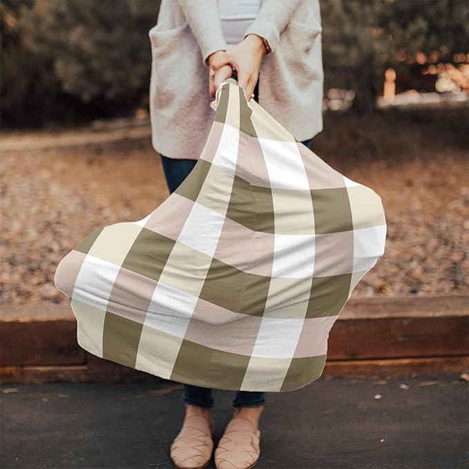 Brown Plaid Car Seat Covers for Babies, Spring Buffalo Checkered Lattice Geometric Nursing Breastfeeding Covers Stretchy Breathable Baby Carseat Canopy Cover for Girls and Boys Shower Gifts