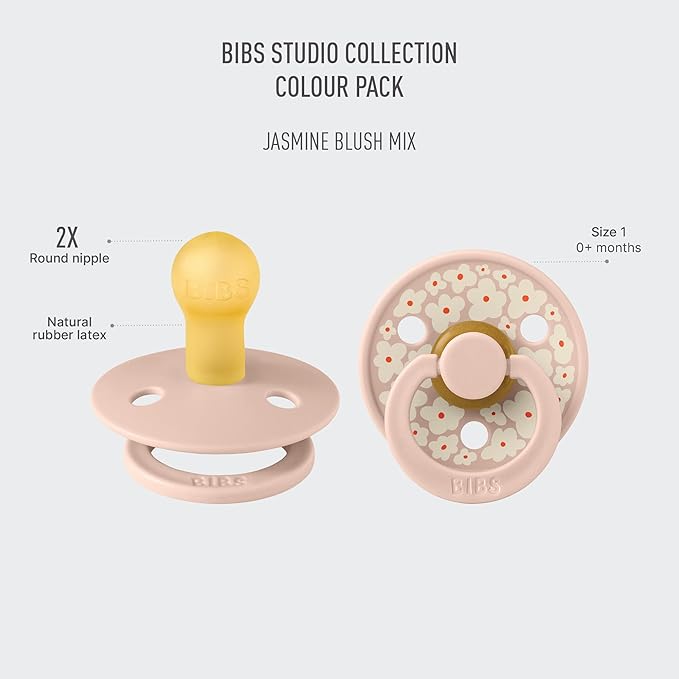 BIBS Pacifiers - Studio 2 Pack | Round Nipple Baby Pacifier | BPA Free Natural Rubber Latex Soother | Made in Denmark | Size 0+ Months | Blush Mix