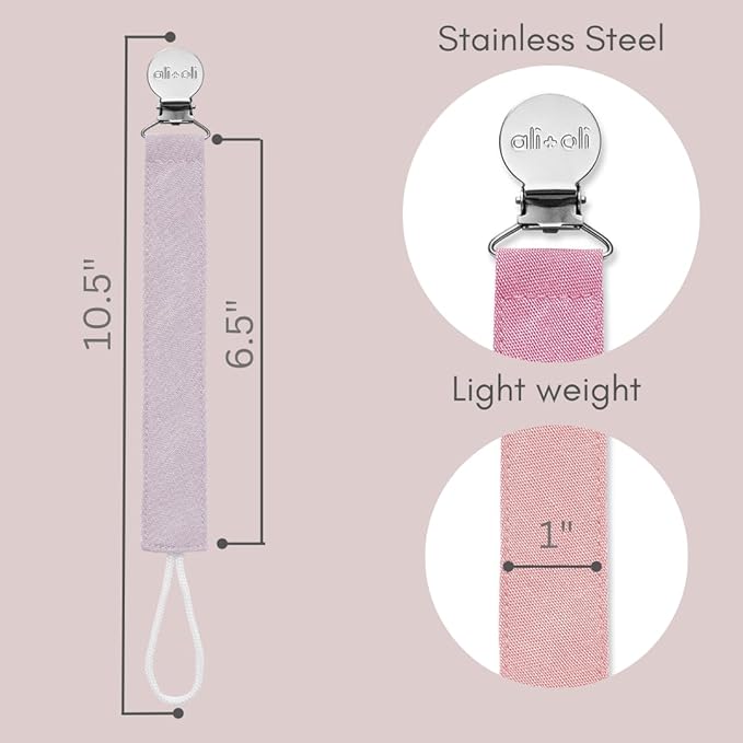 Ali+Oli Linen Strap Pacifier Clip (Flamingo) Set of 3 (10" x 1") Baby Pacifier Holder for Newborn Pacifiers & Teethers, Binky Clips, Silicone-Free Pacifier Clips