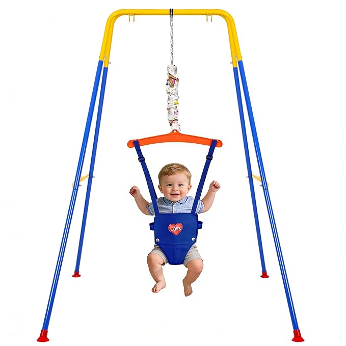 Baby Jumper, Indoor&Outdoor Baby Bouncer, Infant Jumper with Adjustment Strap for Boys Girls, Exercise Saddle Seat for Backyard, Easy to Assemble & Store (Blue)