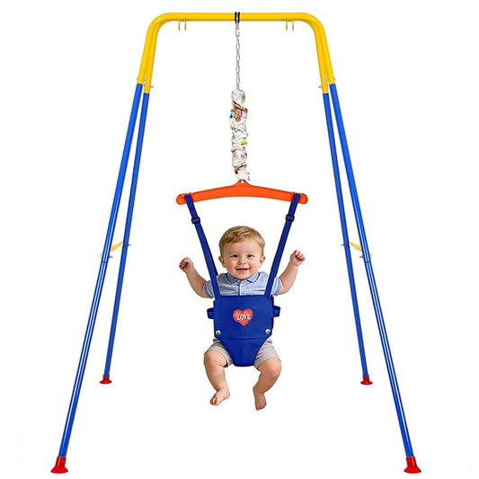 Baby Jumper, Indoor&Outdoor Baby Bouncer, Infant Jumper with Adjustment Strap for Boys Girls, Exercise Saddle Seat for Backyard, Easy to Assemble & Store (Blue)