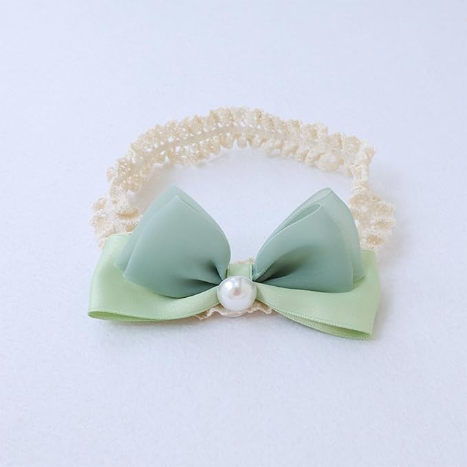 Bow Lace Headbands for Baby Girls Soft Tulle Ribbon Pearl Head Wrap Elastic Bow-knot Hair Band Shower Birthday Hair Accessory for Newborn Infant Toddler (Green C, Elastic)