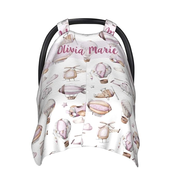 Personalized Baby Car Seat Canopy with Name – Custom Hot Air Balloon Minky Nursing Cover for Girls, Soft Stroller Cover for Infants & Newborns, Carseat Canopy for Breastfeeding