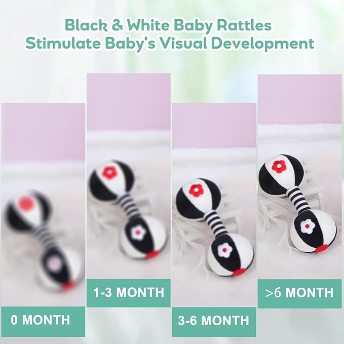 Soft Baby Rattles 0-6 Months - 2 Pack Infant Developmental Toys with Black & White Contrast | Sensory Newborn Toys for Girls & Boys | Set (BPA Free)
