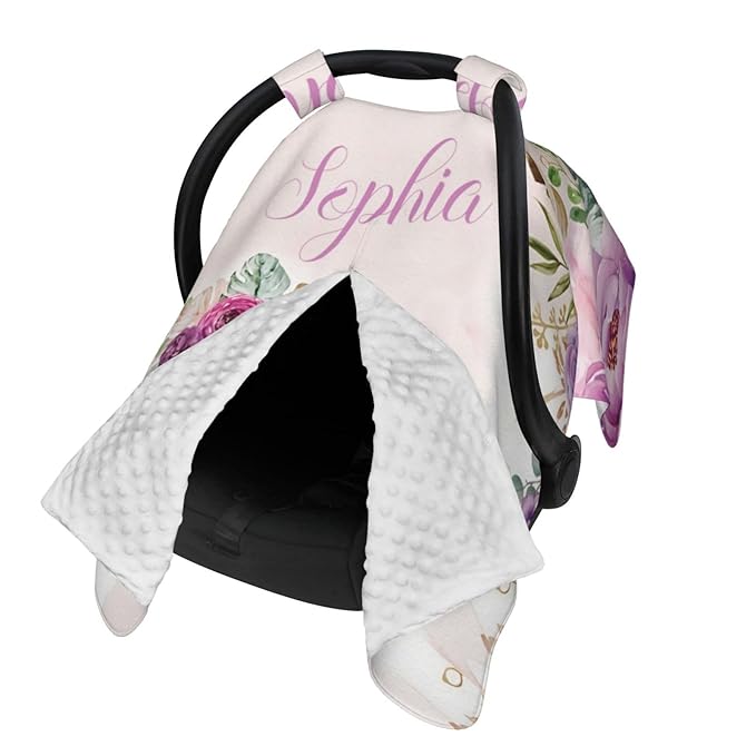 Personalized Baby Car Seat Canopy for Babies with Name, Custom Elephant Floral Stroller Car Seat Covers for Girls, Minky Nursing Carseat Cover for Breastfeeding, Car Seat Canopies for Newborn