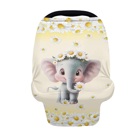 Biyejit Daisy Elephants Nursing Cover Breastfeeding Scarf - Baby Car Seat Covers, Infant Stroller Cover, Carseat Canopy for Girls and Boys