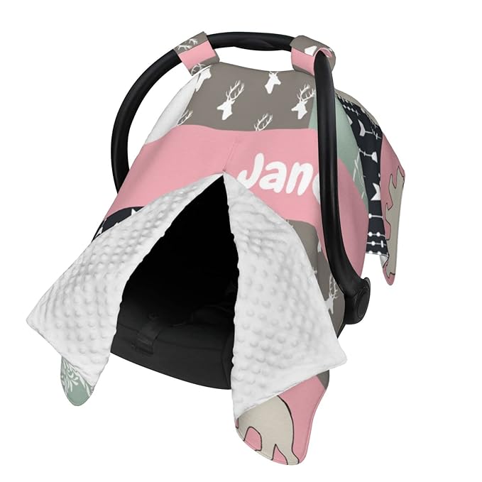 Personalized Baby Car Seat Canopy for Babies with Name, Custom Car Seat Covers for Girls, Infant Opening Minky Nursing Breastfeeding Stroller Cover Carseat Canopies for Newborn (Deer and Bear Pink)
