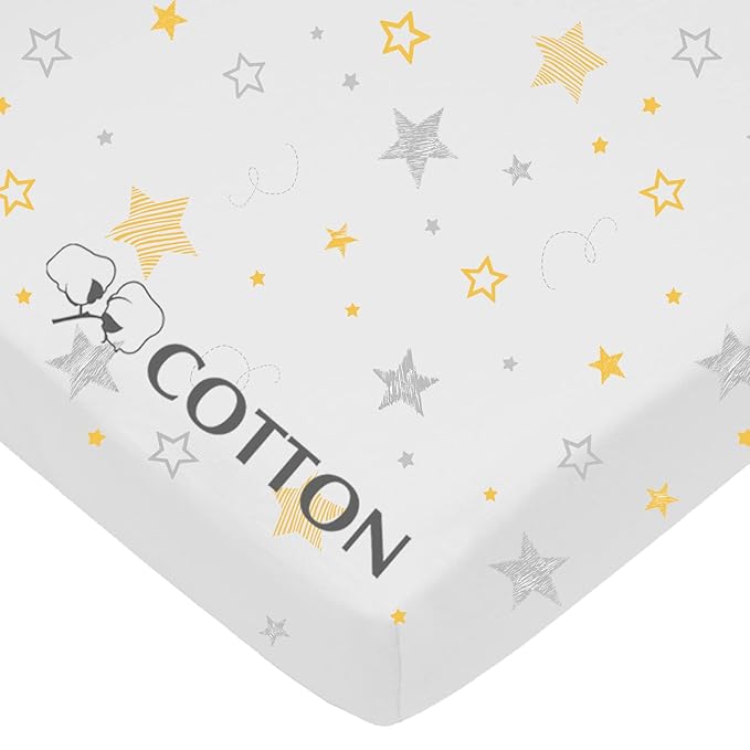 American Baby Company 100% Natural Cotton Fitted Pack and Play Sheet 39" x 27" - Soft & Breathable Pack N Play Sheet for Playpen, Playard & Mini Crib Mattress, Golden Yellow Star, for Boys & Girls