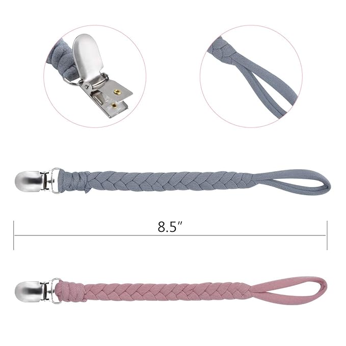 Baby Pacifier Holder for Boys and Girls, Teething Straps Unisex Design, Smoother Clip 100% Handmade Braided, Easy to Use for Teething Toy(Grey）