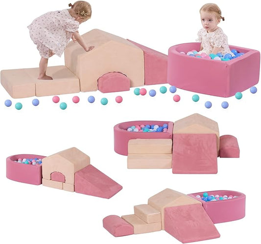 5-Piece Foam Climbing Blocks for Toddlers 1-3,Mini House-Shaped Soft Play Set with Ball Pit,Infant Crawling and Tumbling Play Gym with Ramp and Play Mat,Aesthetic Room Decor,Pink & Beige