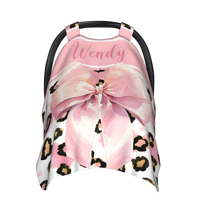 Personalized Baby Car Seat Canopy with Name, Leopard Infant Car Seat Cover, Nursing & Breastfeeding Stroller Cover, Newborn Shower Gift for Baby Girls