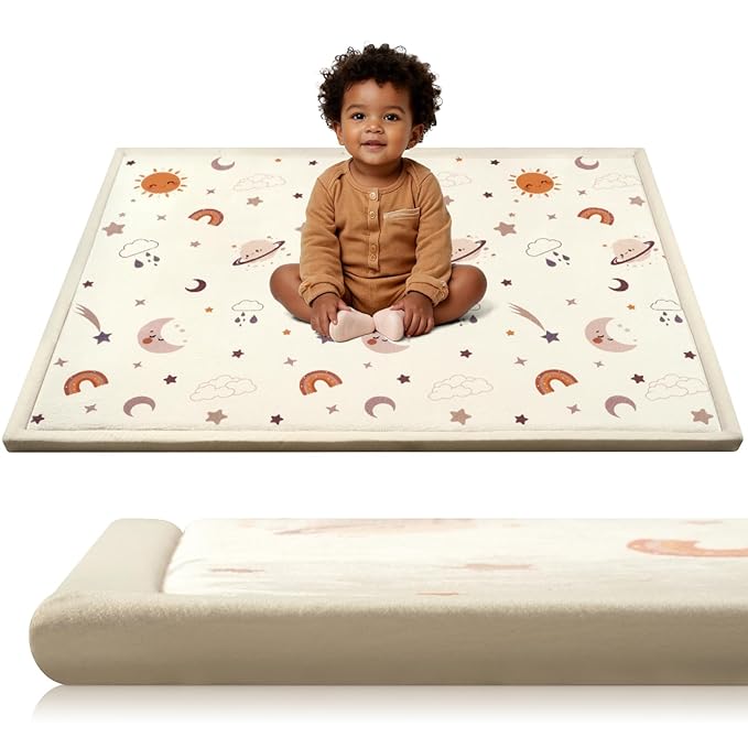 STARUIA Baby Play Mat for Floor, 1.1" Thick Memory Foam Tummy Time Mats, Soft Flannel Nursery Rug, Non Slip Crawling Mat for Toddlers, Kids, Playpen, Tatami Style for Living Room(59" X 79", Sky)