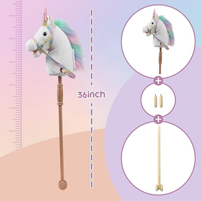 HollyHOME Unicorn Stick Horse with Wood Wheels Real Pony Neighing and Galloping Sounds Unicorn Hobby Horse with Rainbow Glitter Bridle, White 36 Inches(AA Batteries Required)