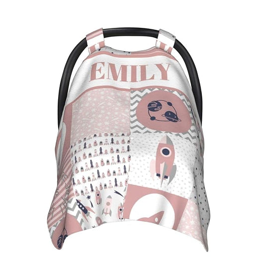 Personalized Baby Car Seat Canopy for Girls, Custom Name Baby Car Seats Covers for Babies, Opening Minky Nursing Breastfeeding Stroller Cover Infant Carseat Canopies for Newborn (Rocket Pink)
