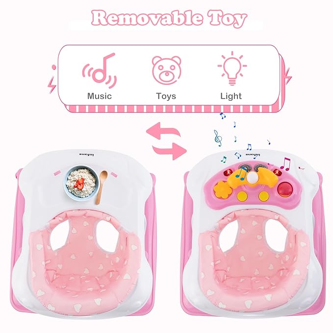 INFANS Foldable Baby Walker, 3 in 1 Toddler Walker Leaning-Seated Walk-Behind with Removable Music Tray, Adjustable Height, Washable Seat Cushion for Boys and Girls (Heart)