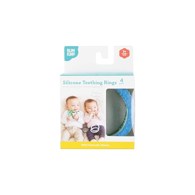 Bumkins Baby Teething Freezer Toy Keys Rings, Soft Flexible Pacifier to Chew, Cool Teether Gum Relief, Babies 3 Months, Freezable, Platinum Cured Silicone, Sensory Bracelet, 4-pk Blue and Green