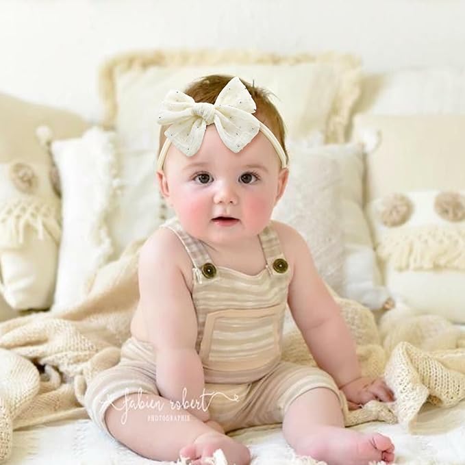 YanJie 3PCS 4’’ Lace Hair Bow for Girls Soft Nylon Baby Headbands Rhinestone Pink Blue Off White Bows Hair Accessories for Newborn Infant Toddler Girl