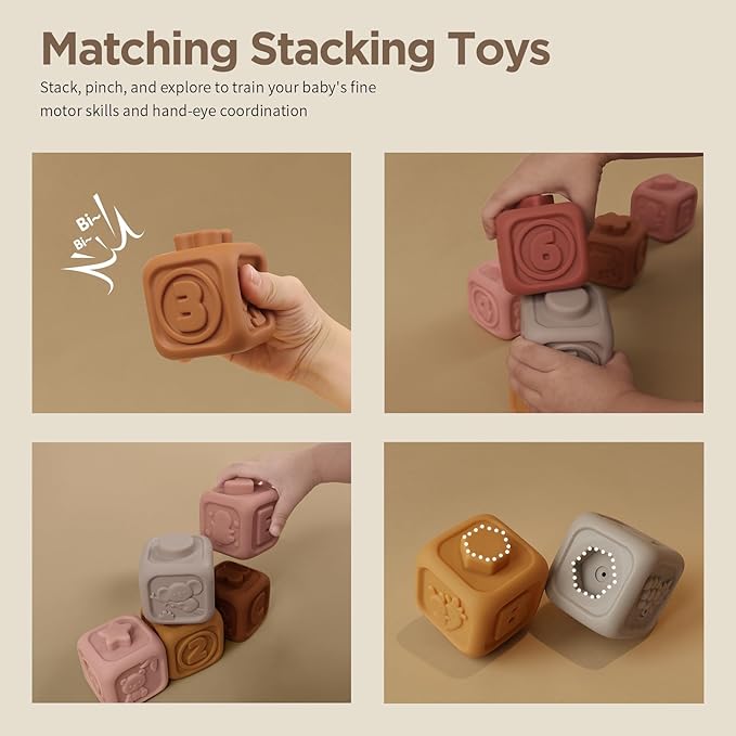 Nueplay 7 Pcs Soft Toy Building Blocks for Baby Girls 6-12 Months, Montessori Early Learning Squeeze Blocks with Unicorn Sensory Stacking Design, Birthday Gift for Toddlers 1-3