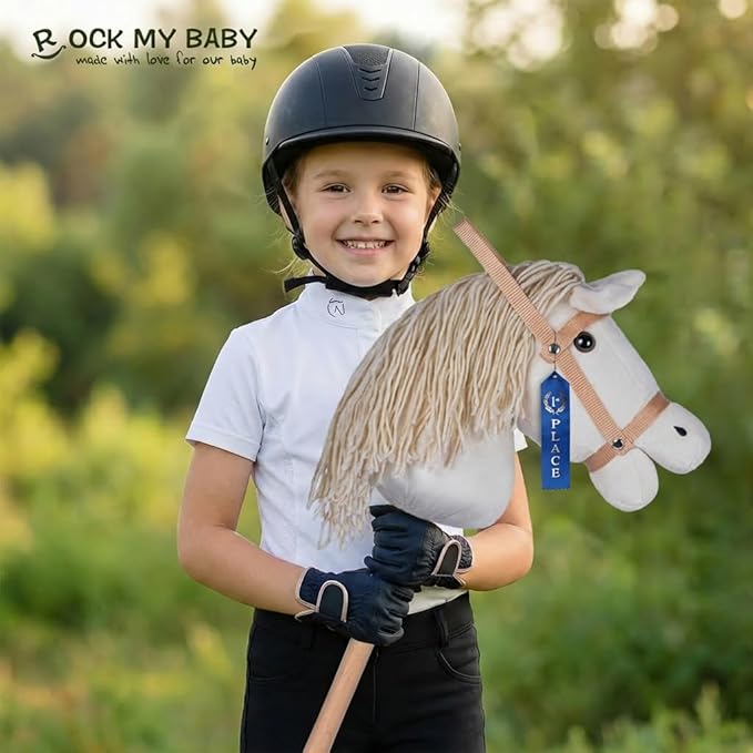 ROCK MY BABY Hobby Horse Plush Stuffed Stick Horse with Award Ribbon for Boys and Girls 3+ Fun Toys for Pretend Play (Cream) CPC Certified
