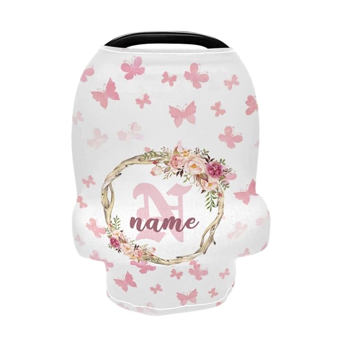 Personalized Butterfly Pattern Baby Car Seat Covers for Girls, Customized Carseat Cover with Name, Infant Stroller Canopy Carrier Cover, Nursing Cover Breastfeeding Scarf for Newborn Babies