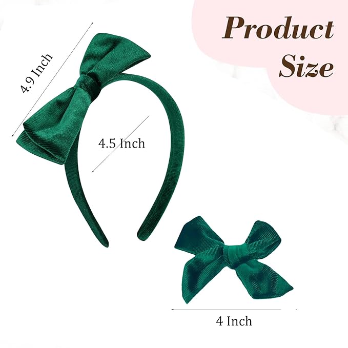Velvet Green Bow Headband & 2 Pcs 4 Inch Hair Bows Set, Black School Hair Accessories for Little Toddler School Girls (Velvet Green)