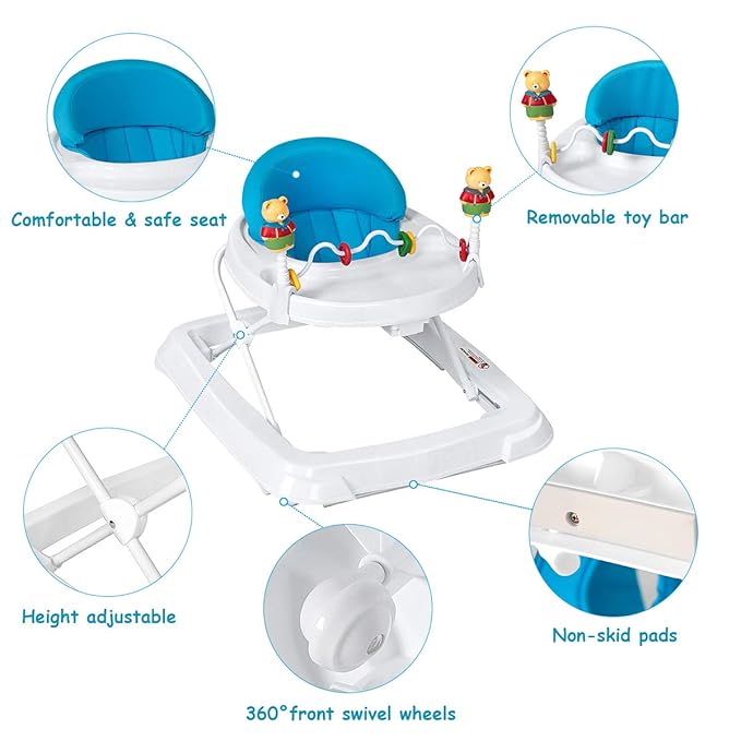 Baby Walker, Smart Steps Baby Activity Walker with Walking Toys & 3-Levels Adjustable Height, Comfy High Back Seated Baby Walker with Wheels for Boys & Girls (Blue)