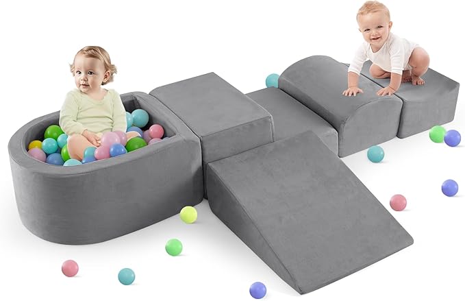 INFANS Climbing Toys for Toddlers, Foam Climbing Blocks and Ball Pit for Baby, 5pc Kids Climb and Crawl Block Activity Structure Play Set, Indoor Foam Play Gym for Crawling and Sliding