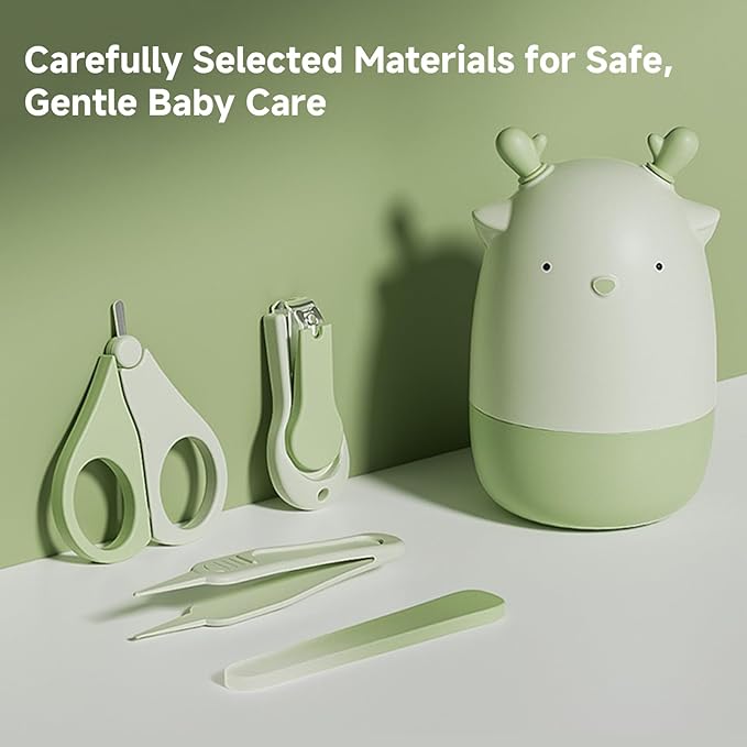 4-in-1 Baby Nail Care Set 01 – Safe Nail Clipper, Scissors, File & Tweezer with Cute Deer Case – Gentle Manicure & Pedicure Kit for Newborns, Infants & Toddlers – Green